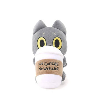 Front view of Hakongee gray cat plush holding a giant white cup embroidered No Coffee No Workee