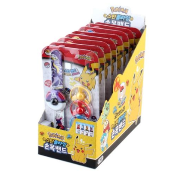 Retail display of packaged Pokémon spin-flying wristband toys in four assorted colors