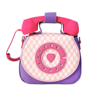 Front view of purple, pink and cream pastel checkerboard rotary phone handbag with pink receiver