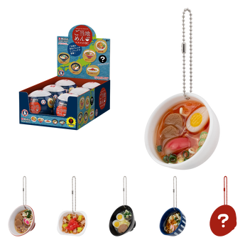 YuMe Minis Noodle Dishes capsule display with five miniature noodle keychains and secret silhouette