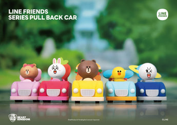 Complete LINE FRIENDS pull-back car set with Choco, Cony, Brown, Sally, and Moon lined up
