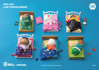 Group display of all six LINE FRIENDS Night-Night MEA-034 figures in their beds