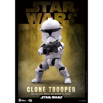 Beast Kingdom Clone Trooper EAA-170 figure aiming a blaster against a gold Star Wars backdrop