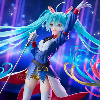 Close-up of Banpresto Hatsune Miku holding a silver microphone in her Gundam 45th collaboration outfit