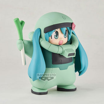Front three-quarter view of Hatsune Miku in a pale green Zaku kigurumi costume holding a leek