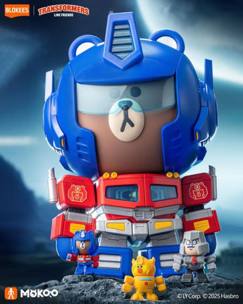 Blokees MOKOO Mega Optimus Prime × Brown model with three mini pilots against a blue rocky backdrop