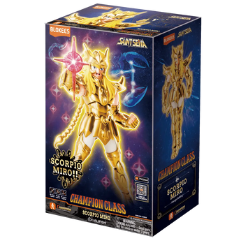 Blokees Saint Seiya Champion Class Scorpio Miro model kit retail box, front and side view