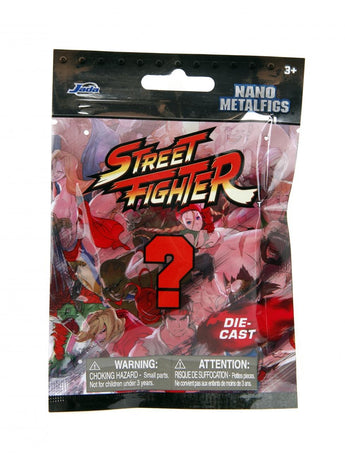 Front of a Jada Toys Street Fighter Nano MetalFigs die-cast blind bag with red question mark artwork
