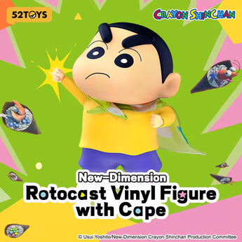 Crayon Shinchan New-Dimension vinyl figure in yellow shirt with raised fist and green cape
