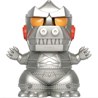Front view of silver Monogram Mechagodzilla PVC coin bank with orange eyes and red ear details