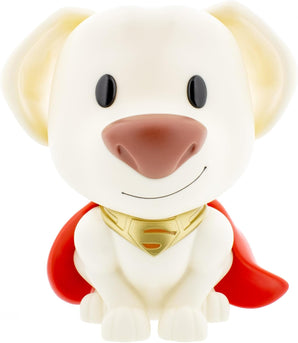 Front view of Monogram’s white Krypto Dog PVC bank with red cape and gold collar emblem