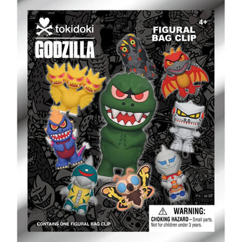Front of a tokidoki × Godzilla 3D foam figural bag clip blind bag with assorted character artwork