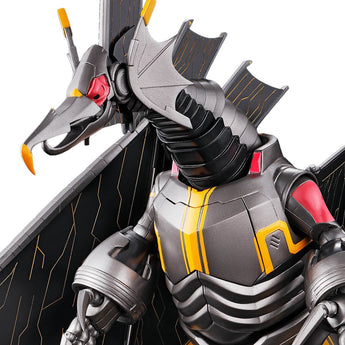 Bandai S.H.Figuarts Mecha Gigantron close-up showing metallic head, red eye, orange accents, and chest armor
