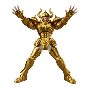 Blokees Taurus Aldebaran model kit in gold armor with both arms raised