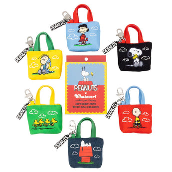 Peanuts 75th Anniversary In Clouds lineup with six mini tote bag charms and blind-box packaging