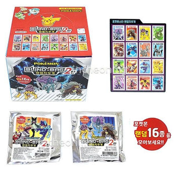 Pokémon Blind Bag 2 display box with 16-design checklist and two sealed mystery eraser packs