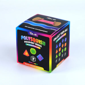 CMY Cubes PolySquish Discovery Series mystery box shown from the front and side