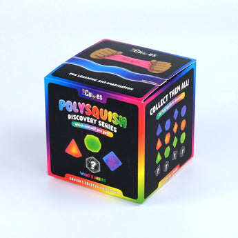 CMY Cubes PolySquish Discovery Series mystery box shown from the front and side