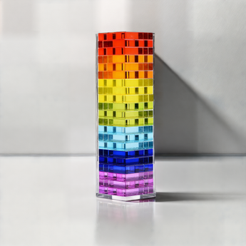 CMY Cubes Newton's Tower assembled as a 63-piece rainbow acrylic tumbling tower