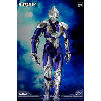 Front view of Threezero FigZero Ultraman Suit Tiga Sky Type in metallic violet and silver armor