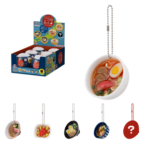 YuMe Minis Noodle Dishes capsule display with five miniature noodle keychains and secret silhouette