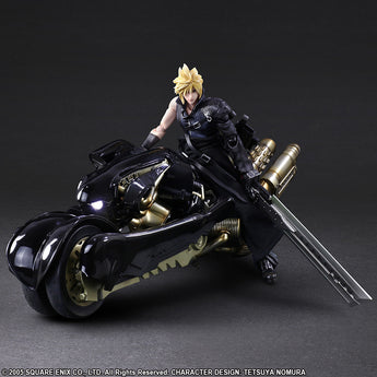 Cloud Strife standing with the black Fenrir motorcycle and Fusion Sword